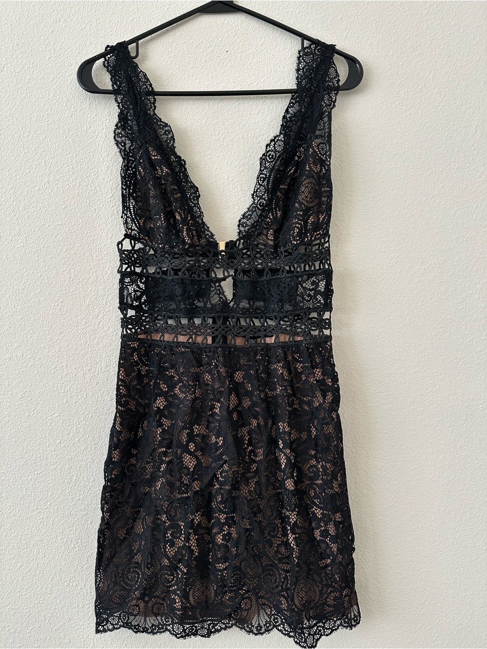For Love & Lemons Black Lace Dress with Nude Lining - Mon Cherie Mini